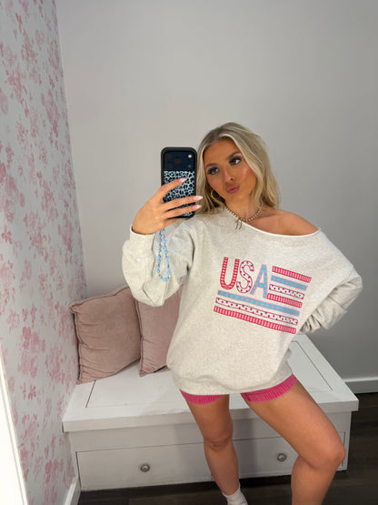 One Shoulder USA Embroidered Crew