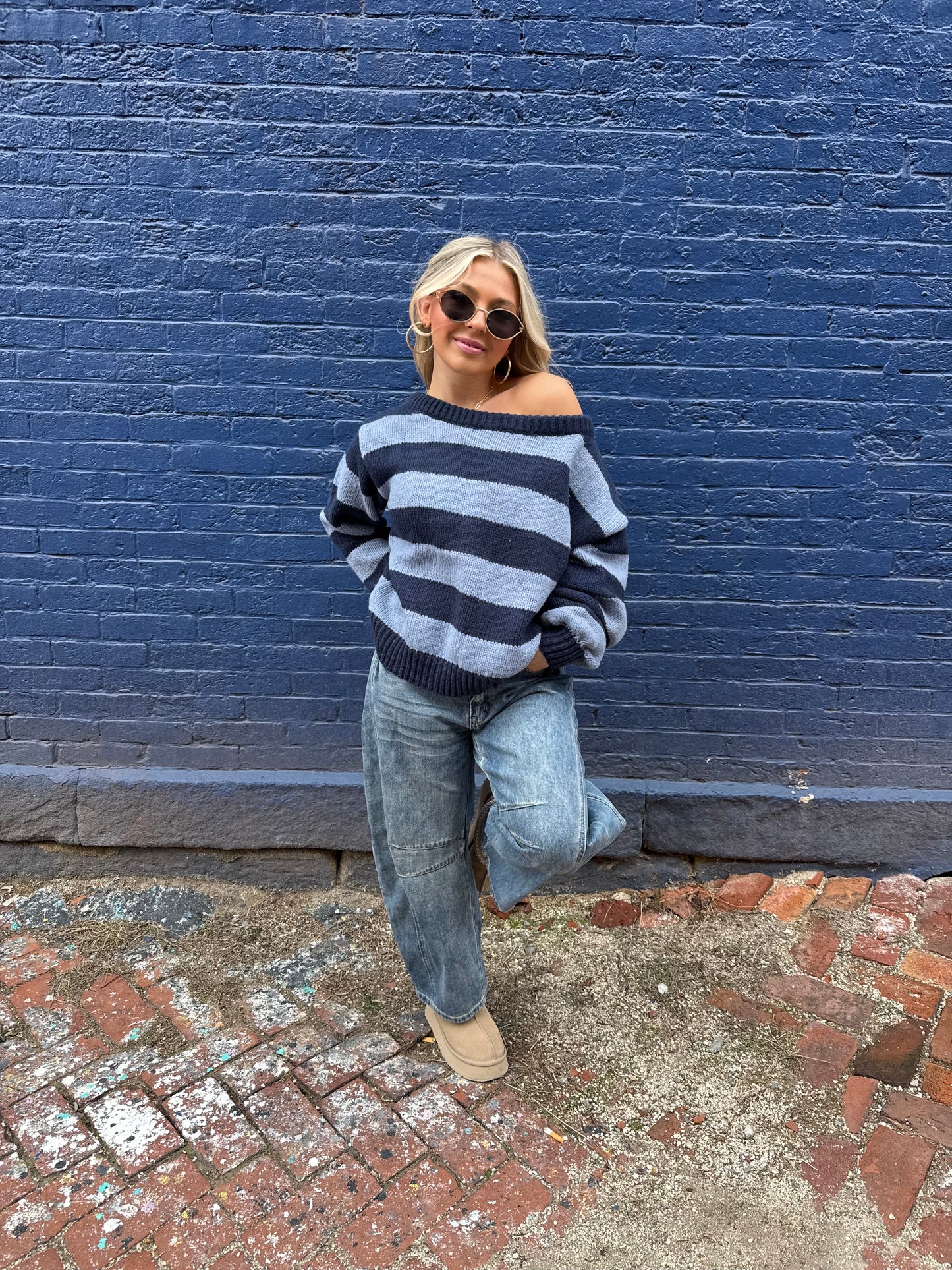 Dixie One Shoulder Sweater in Blue/Navy