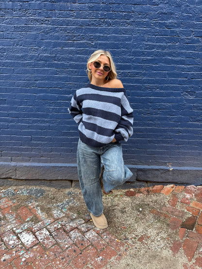 Dixie One Shoulder Sweater in Blue/Navy