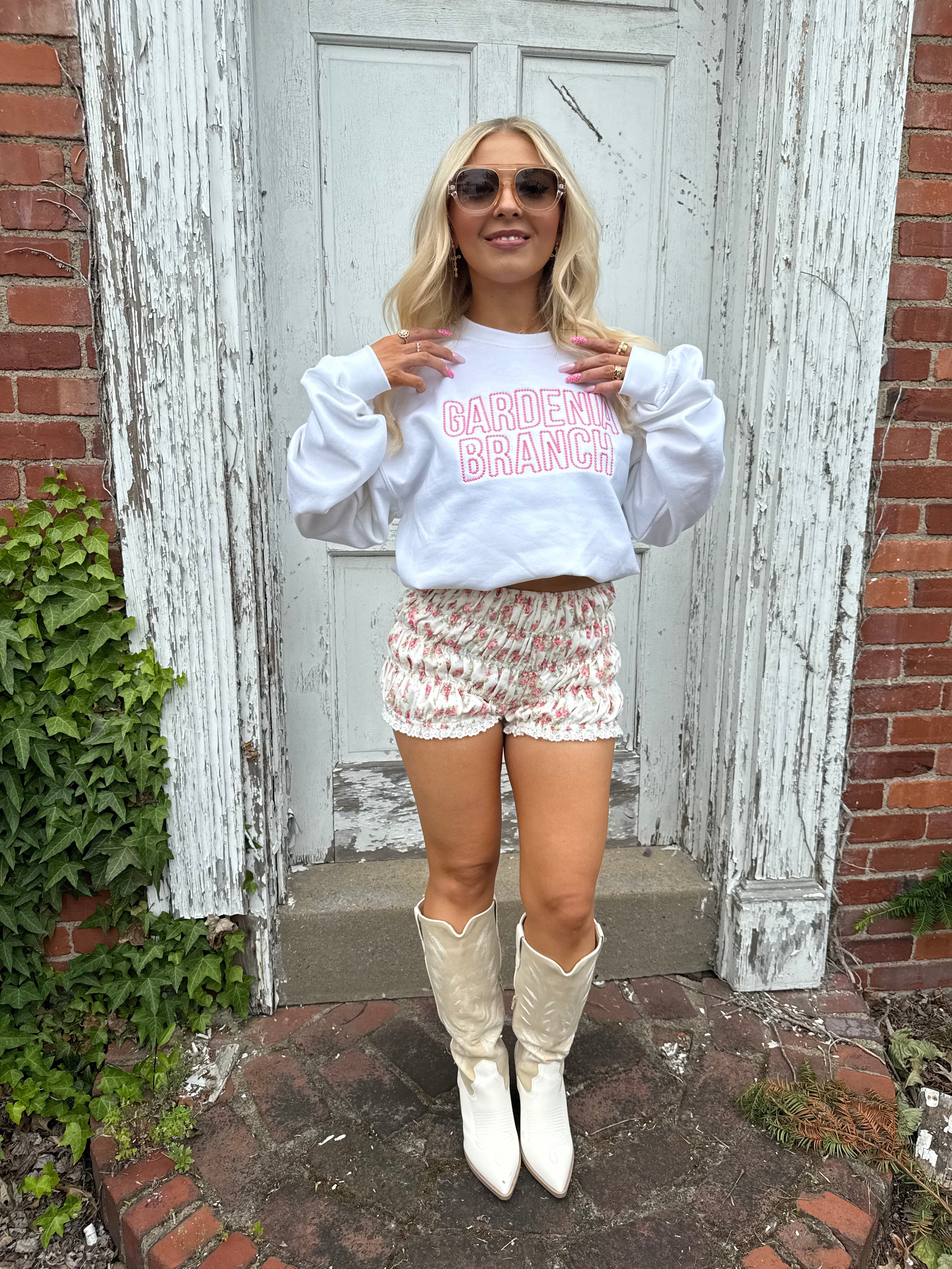 Gardenia Branch Pearl Embroidered Crew