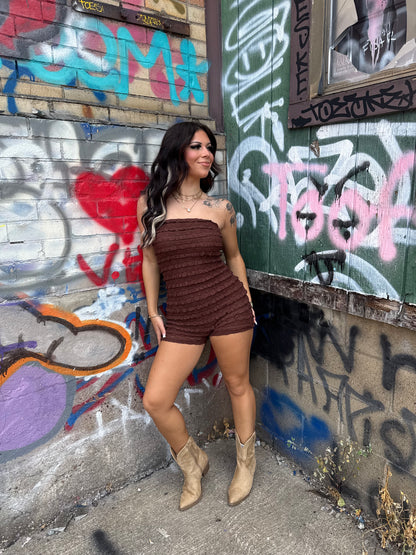 Ruffled Lacey Romper in Espresso