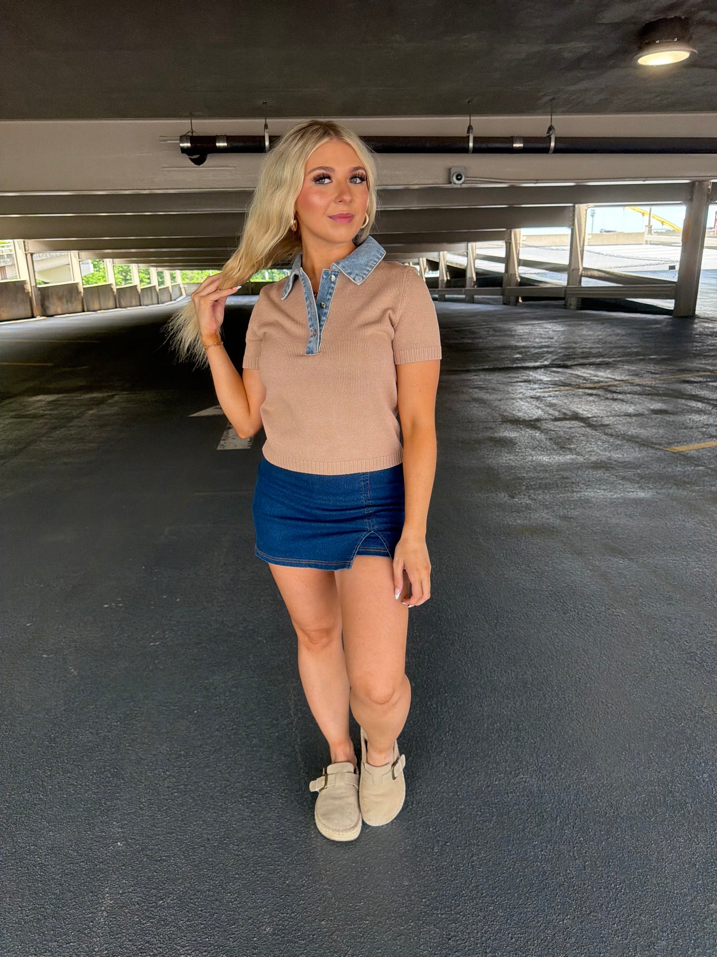 LA Sweater/Denim Top in Khaki