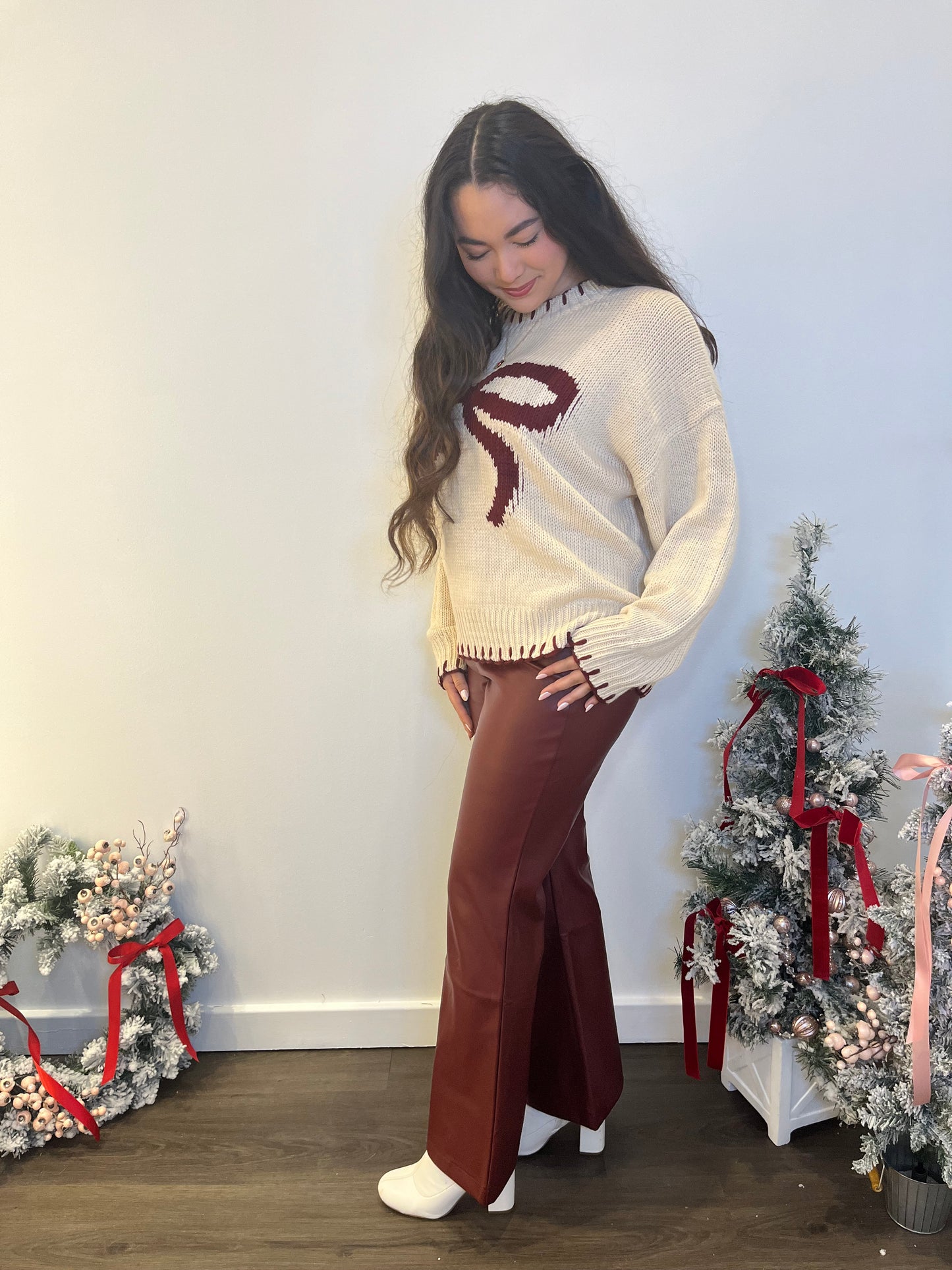 Burgundy Bow Trim Sweater