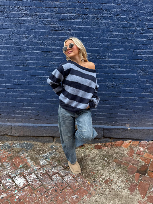 Dixie One Shoulder Sweater in Blue/Navy
