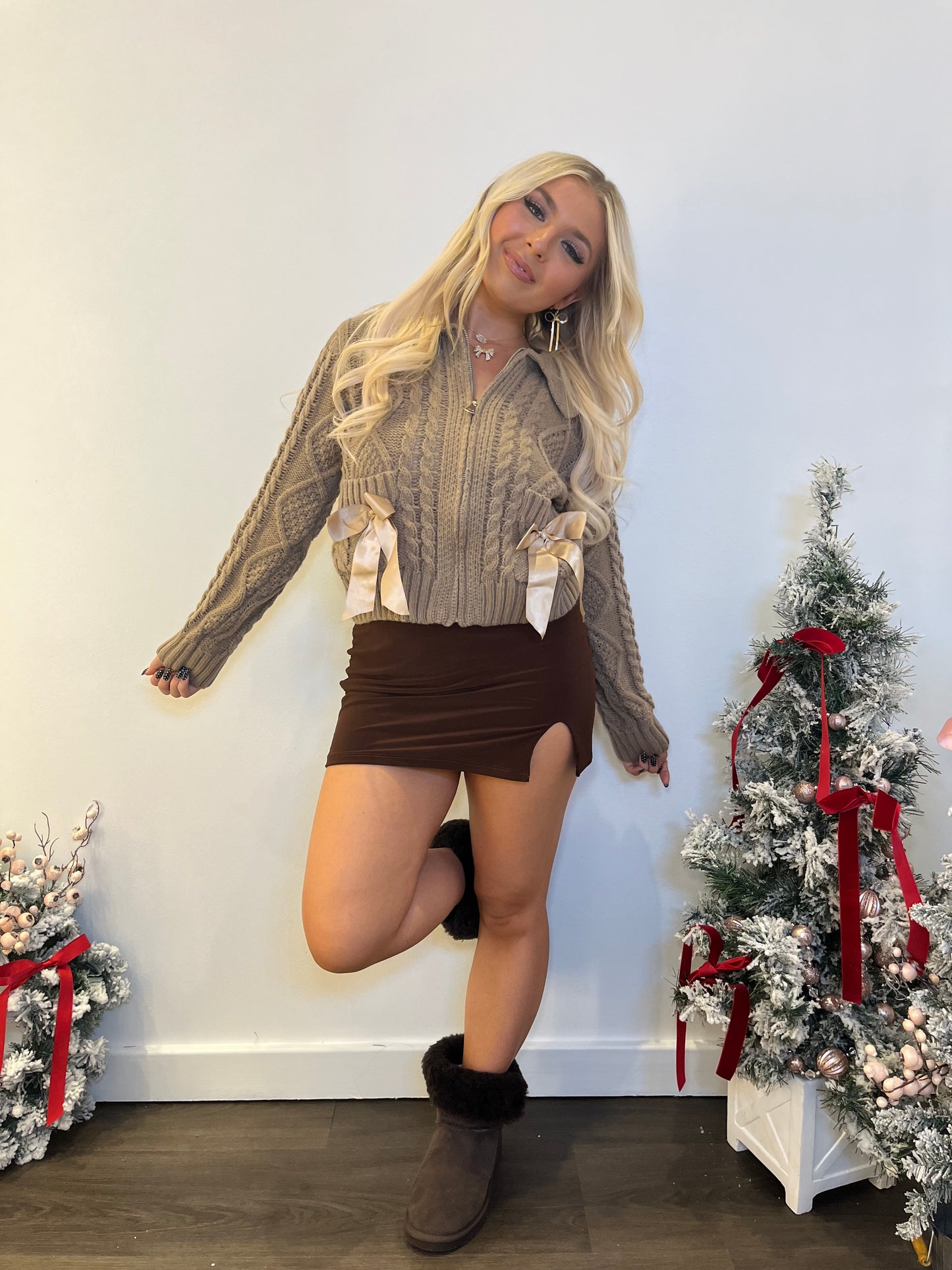 Bella Bow Zip Sweater in Brown