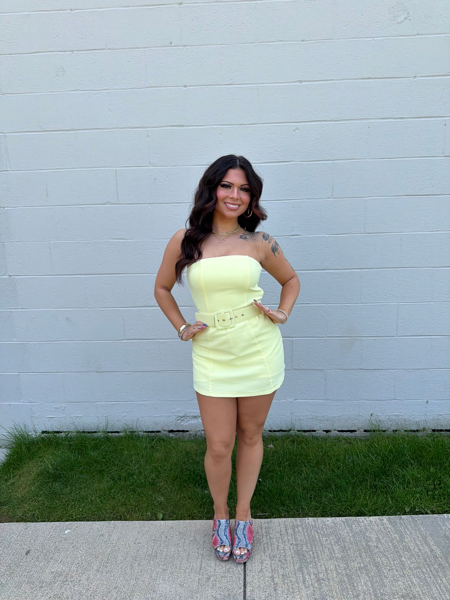 Belted Baddie Mini Dress in Banana