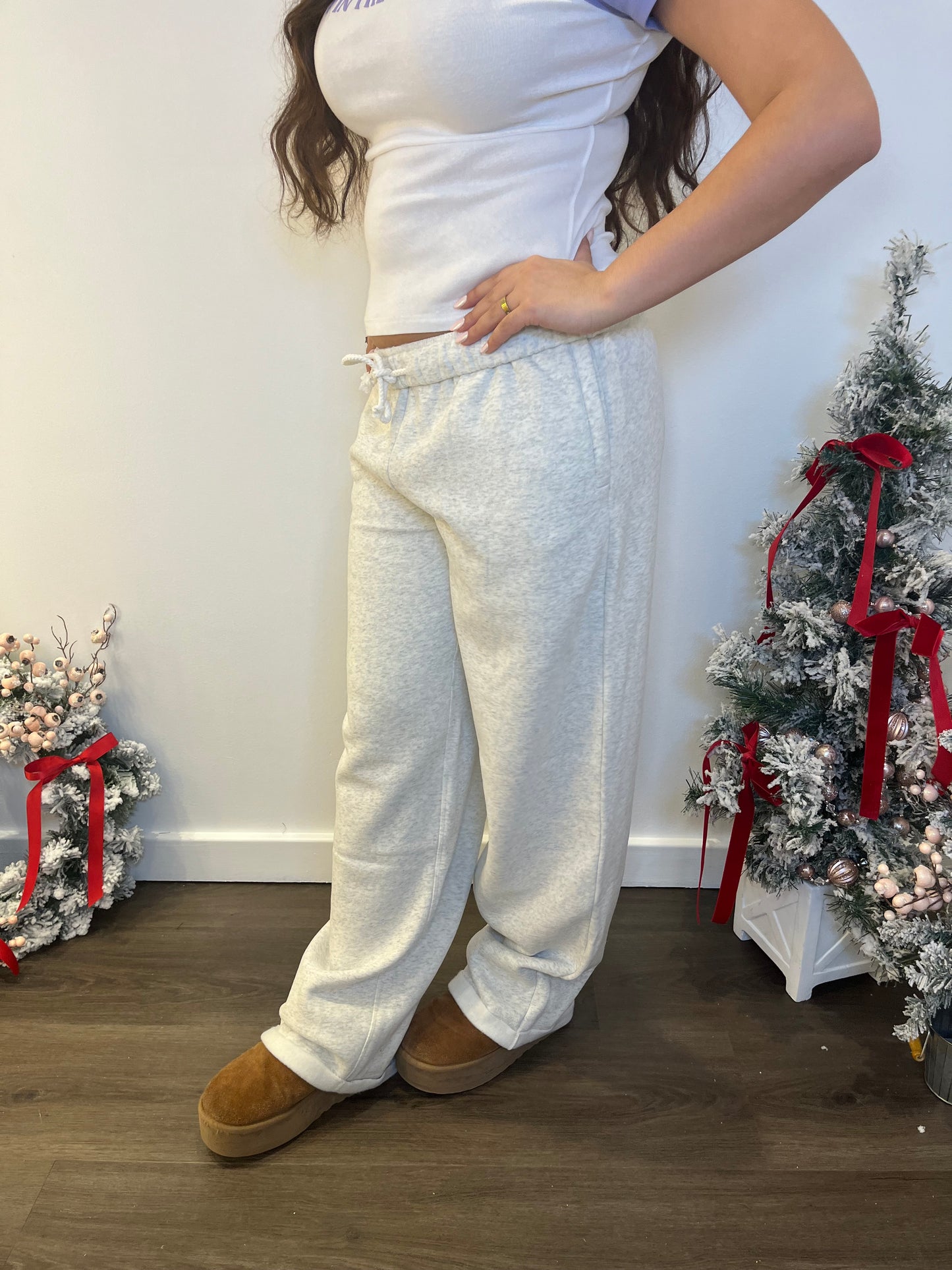 So Fetch Wide Leg Sweatpants in Heather White