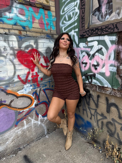 Ruffled Lacey Romper in Espresso
