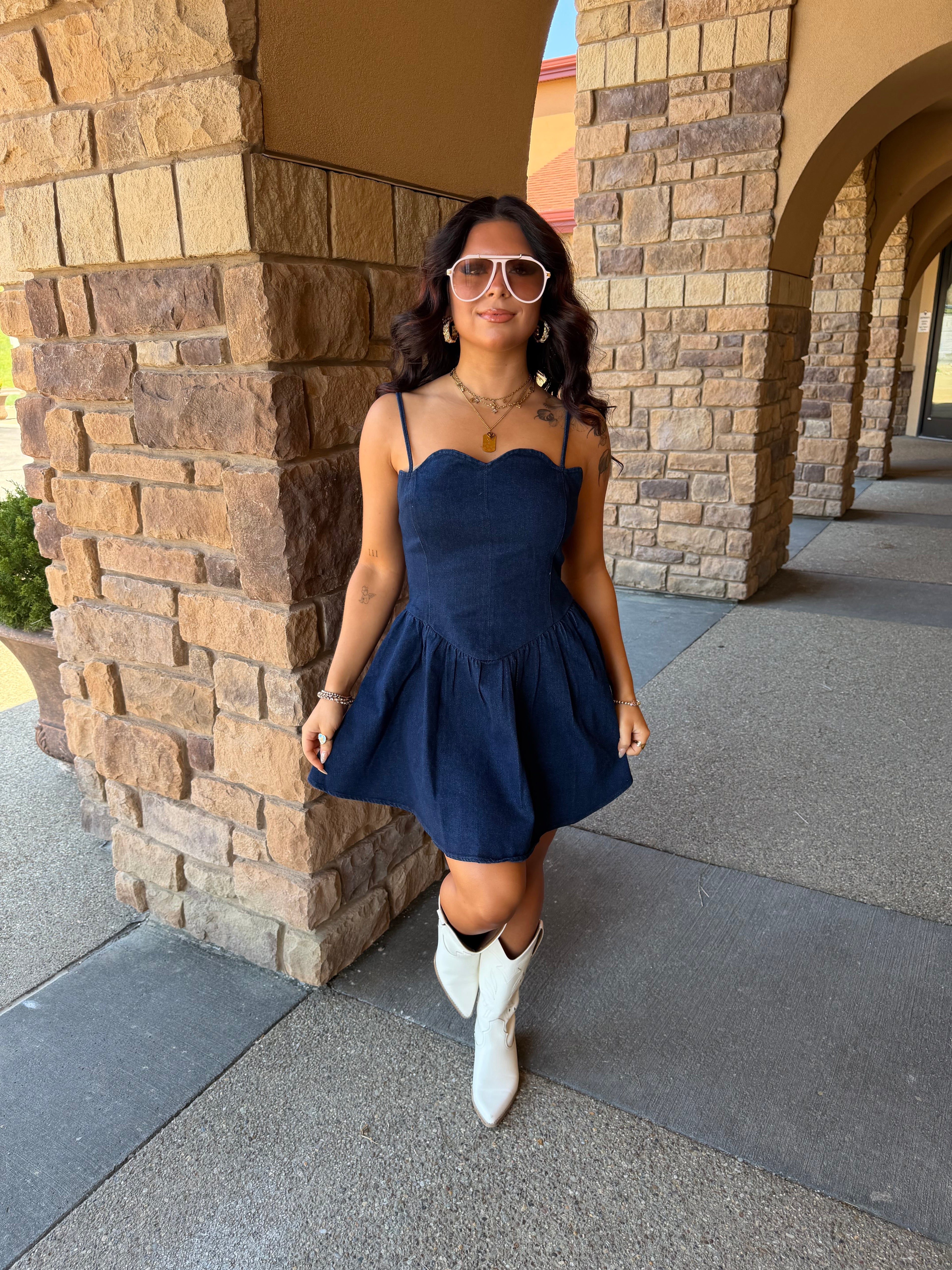 Scalloped Structured Denim Dress