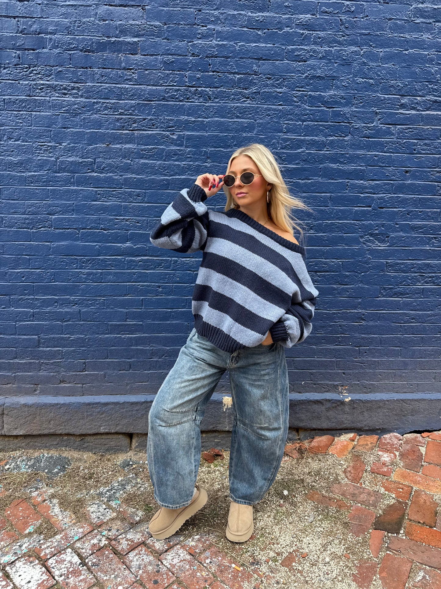 Dixie One Shoulder Sweater in Blue/Navy