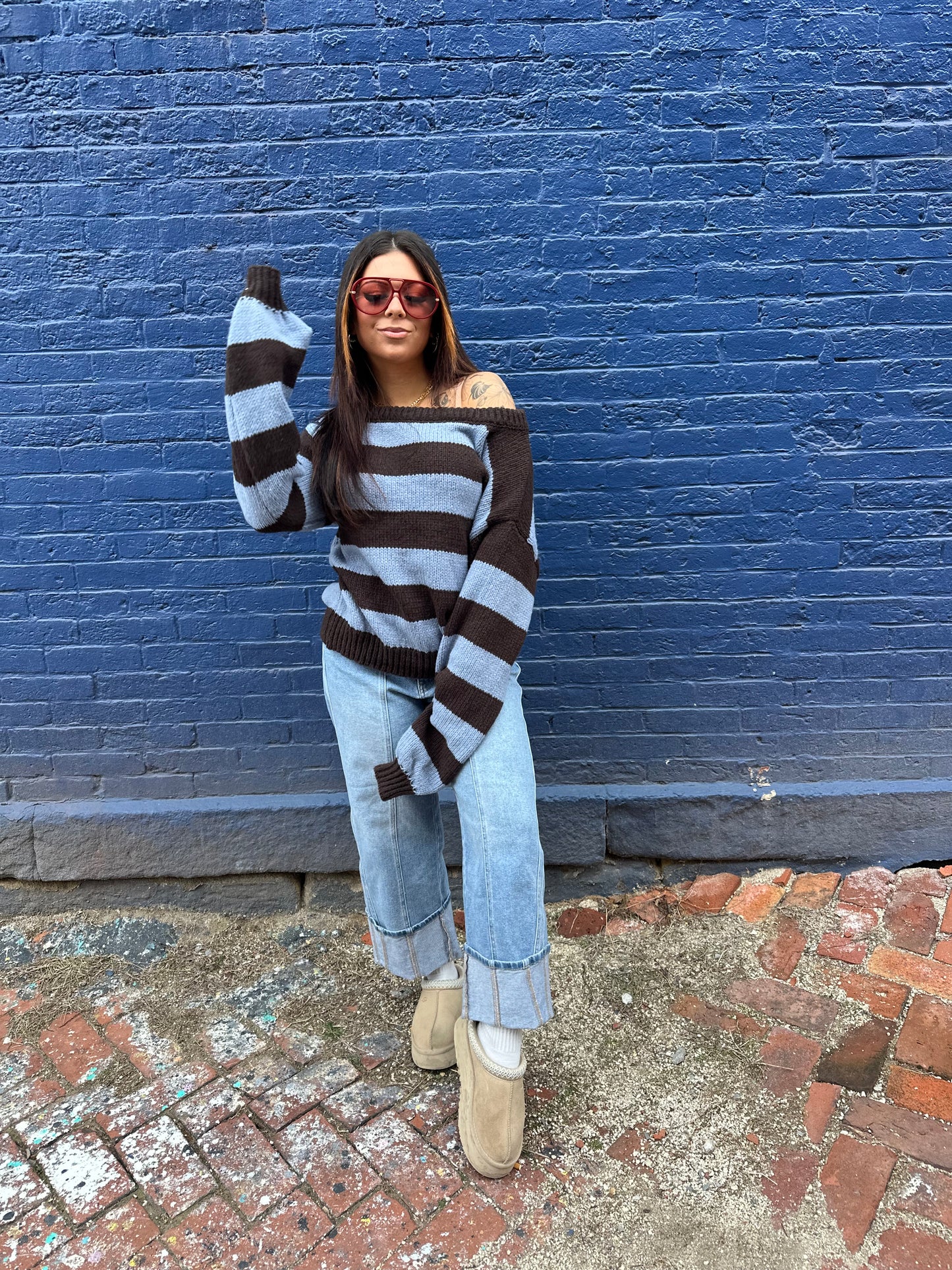 Dixie One Shoulder Sweater in Blue/Brown