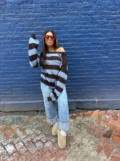 Dixie One Shoulder Sweater in Blue/Brown