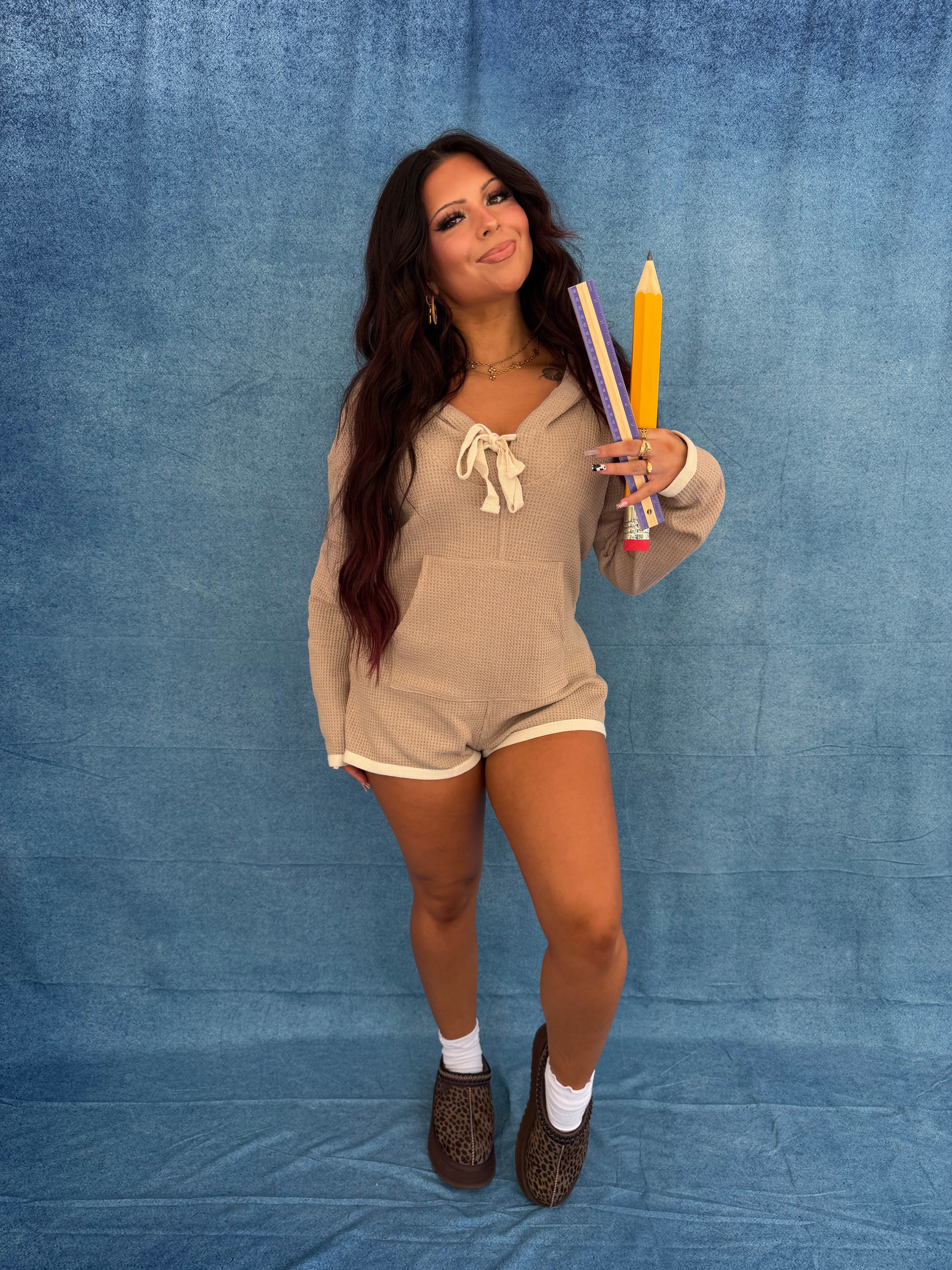 Hot Mess Sweater Romper in Taupe