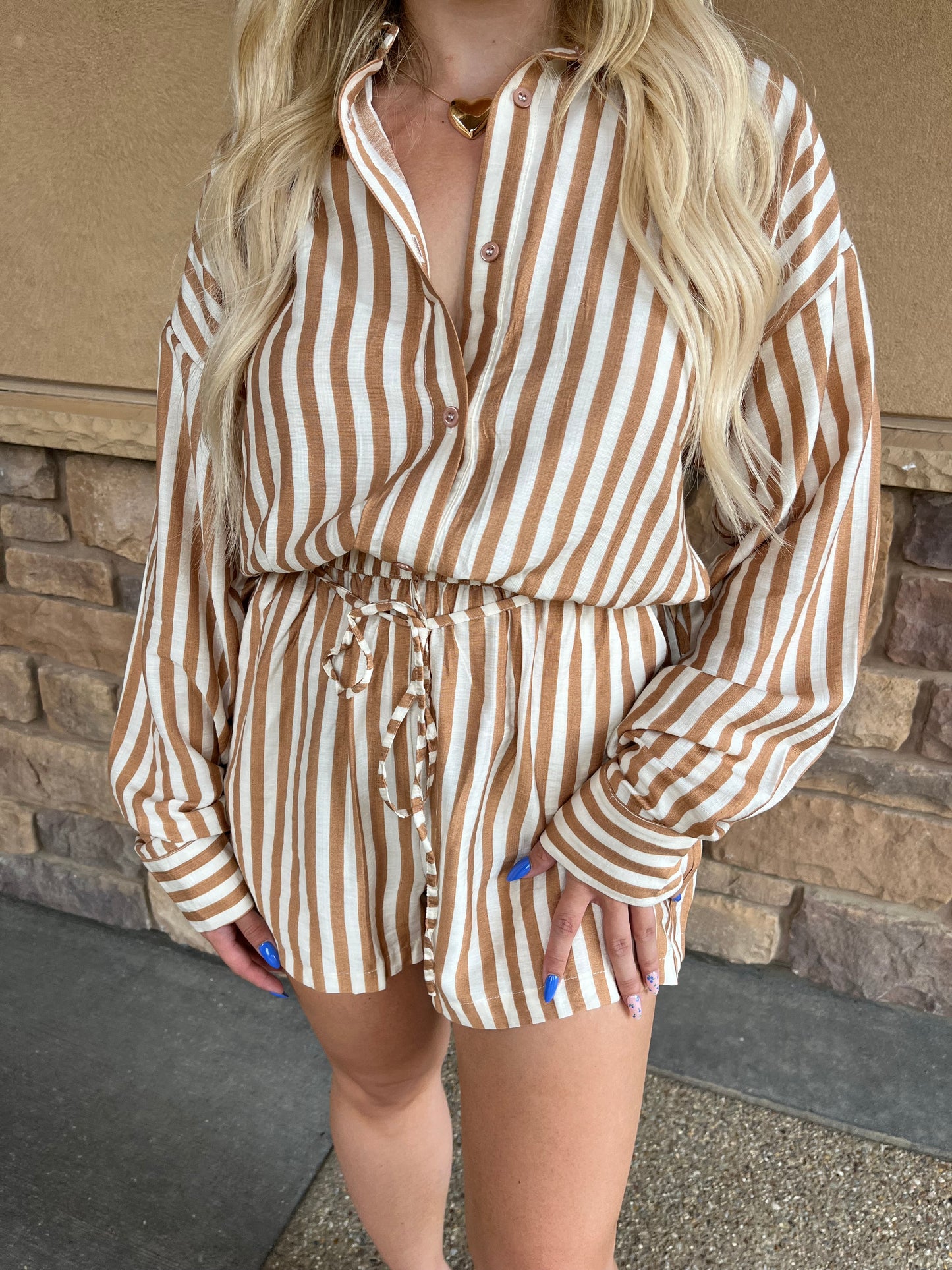 Shelley Striped Romper in Taupe