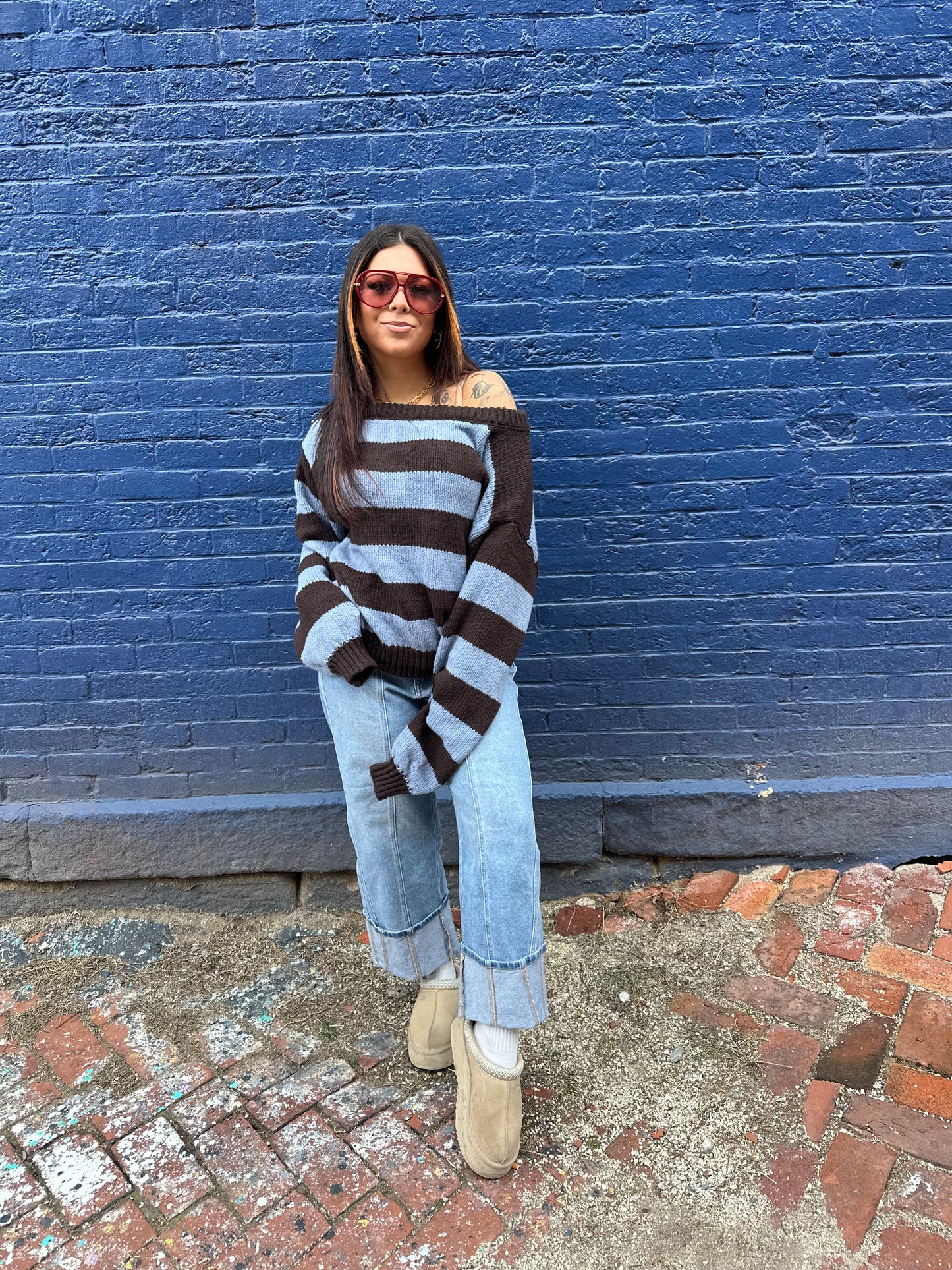 Dixie One Shoulder Sweater in Blue/Brown