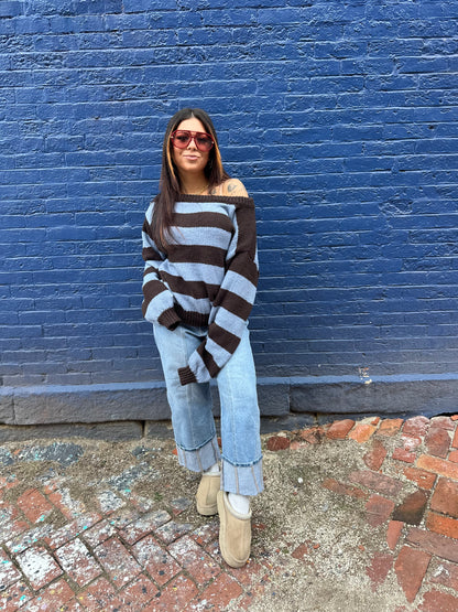 Dixie One Shoulder Sweater in Blue/Brown