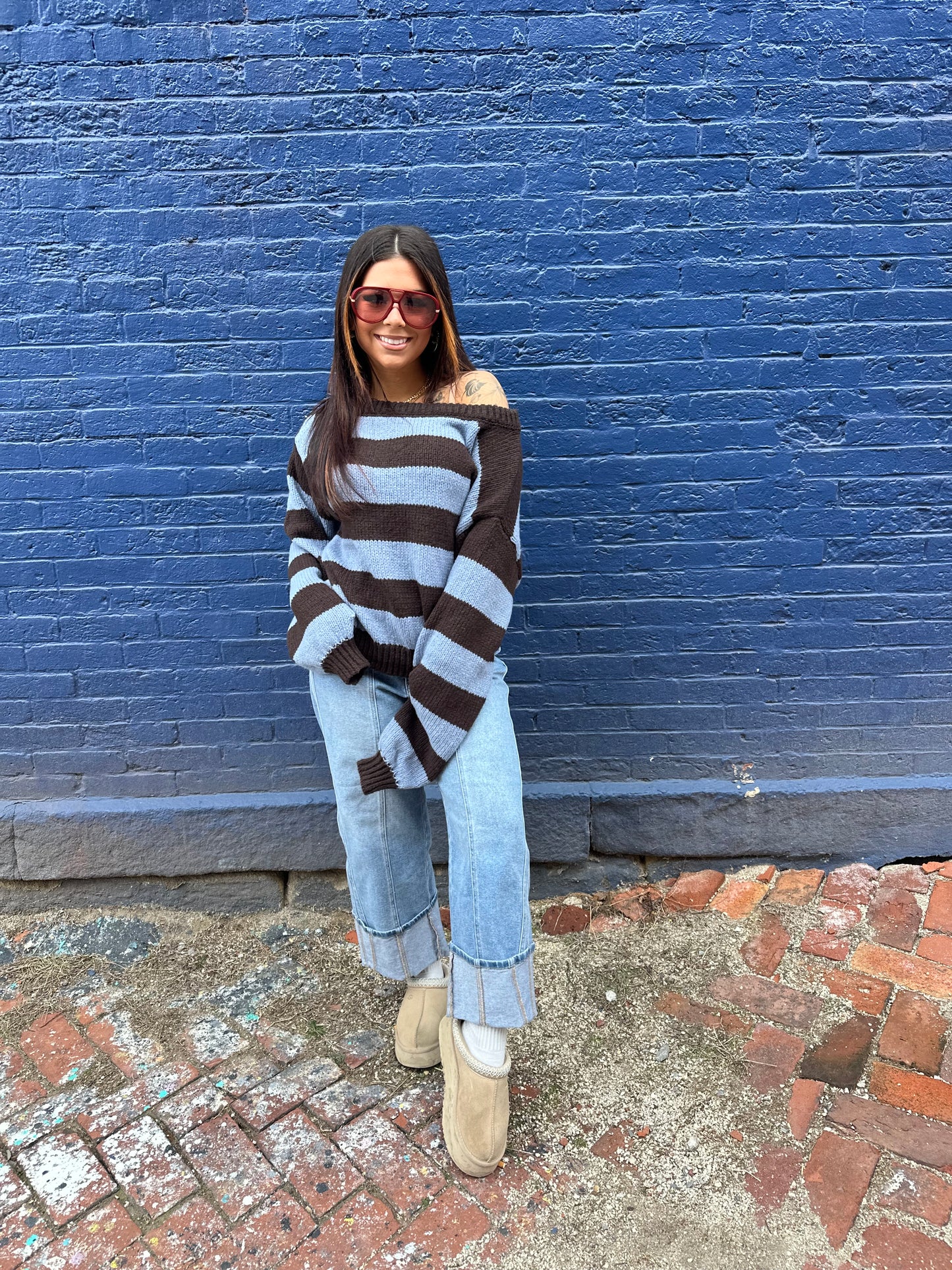 Dixie One Shoulder Sweater in Blue/Brown