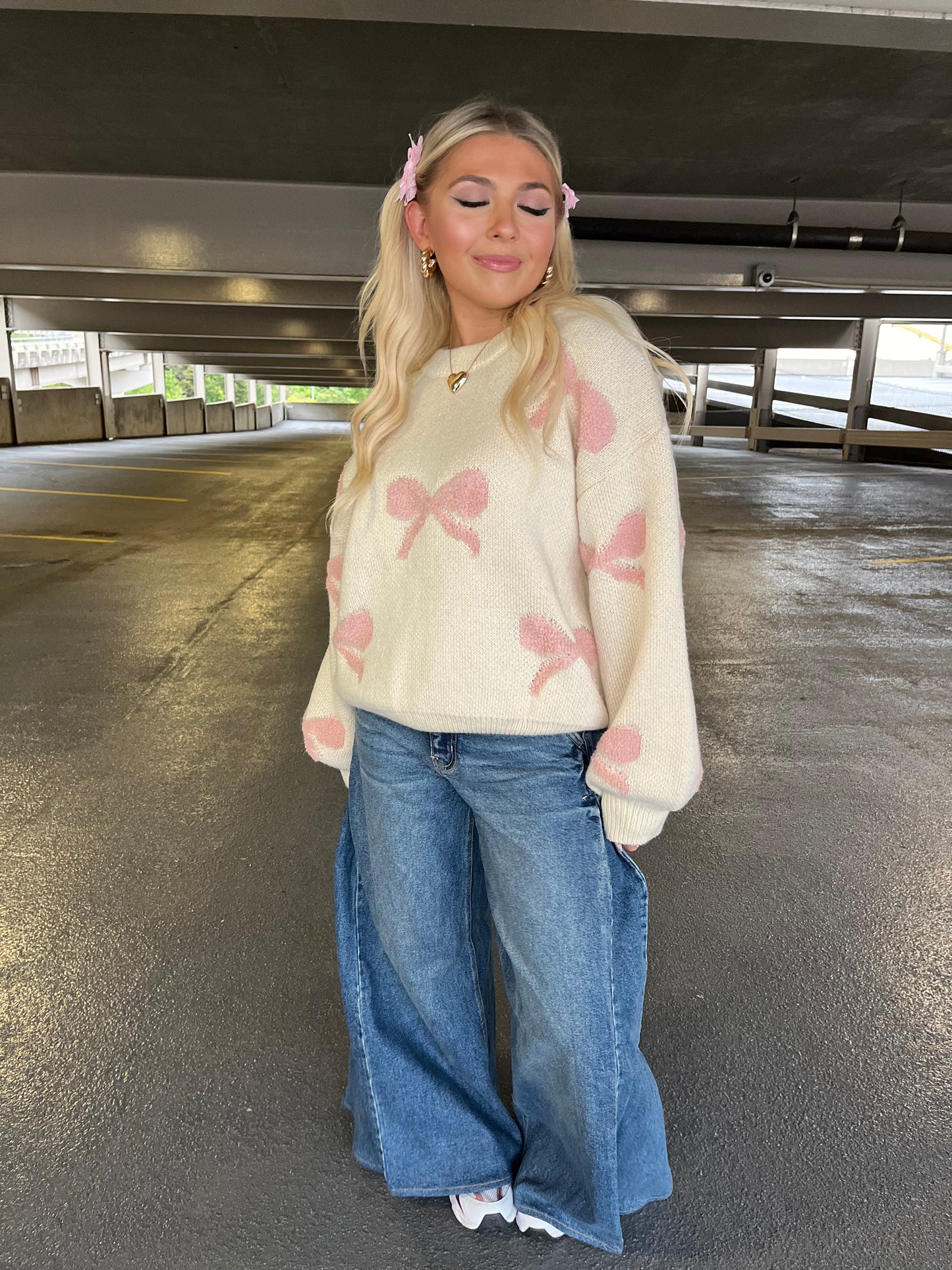 Coquette Cream And Pink Bow Sweater