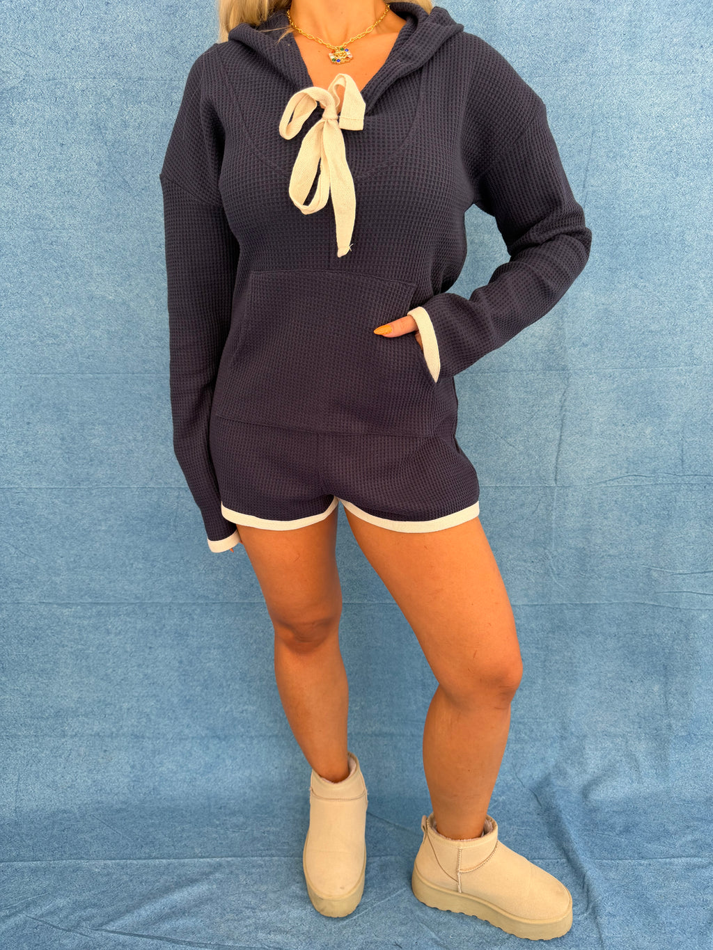 Hot Mess Sweater Romper in Navy