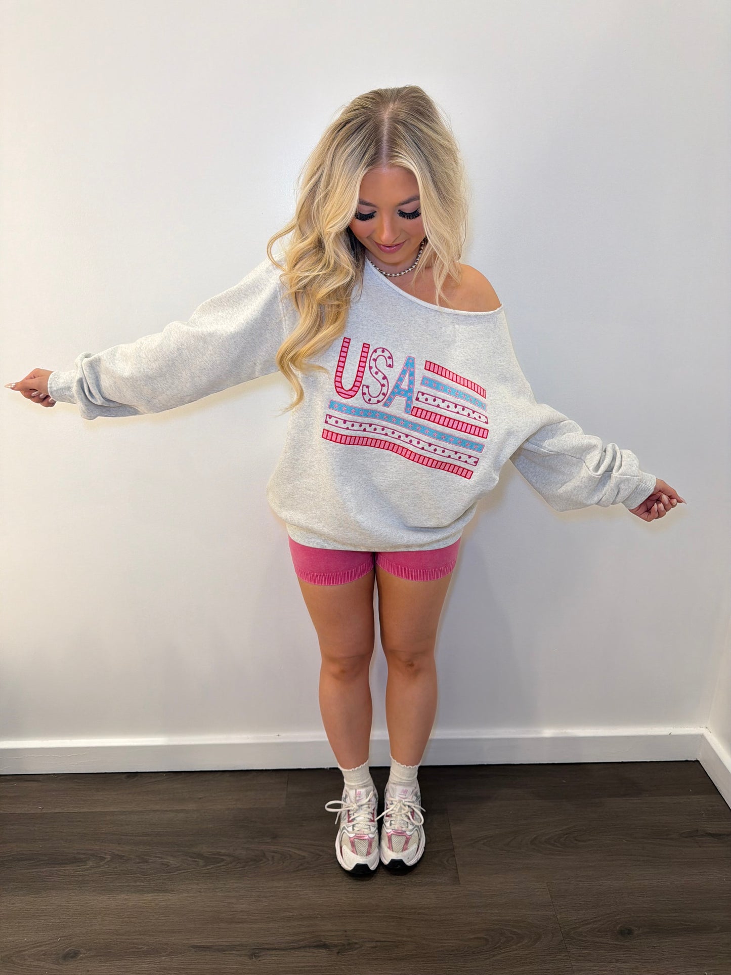 One Shoulder USA Embroidered Crew