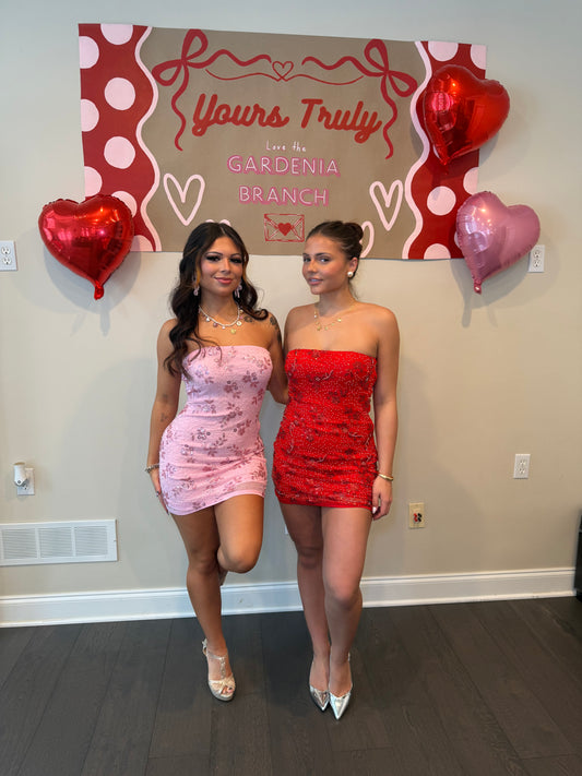 Embellished Cheater Mini Dress in Red