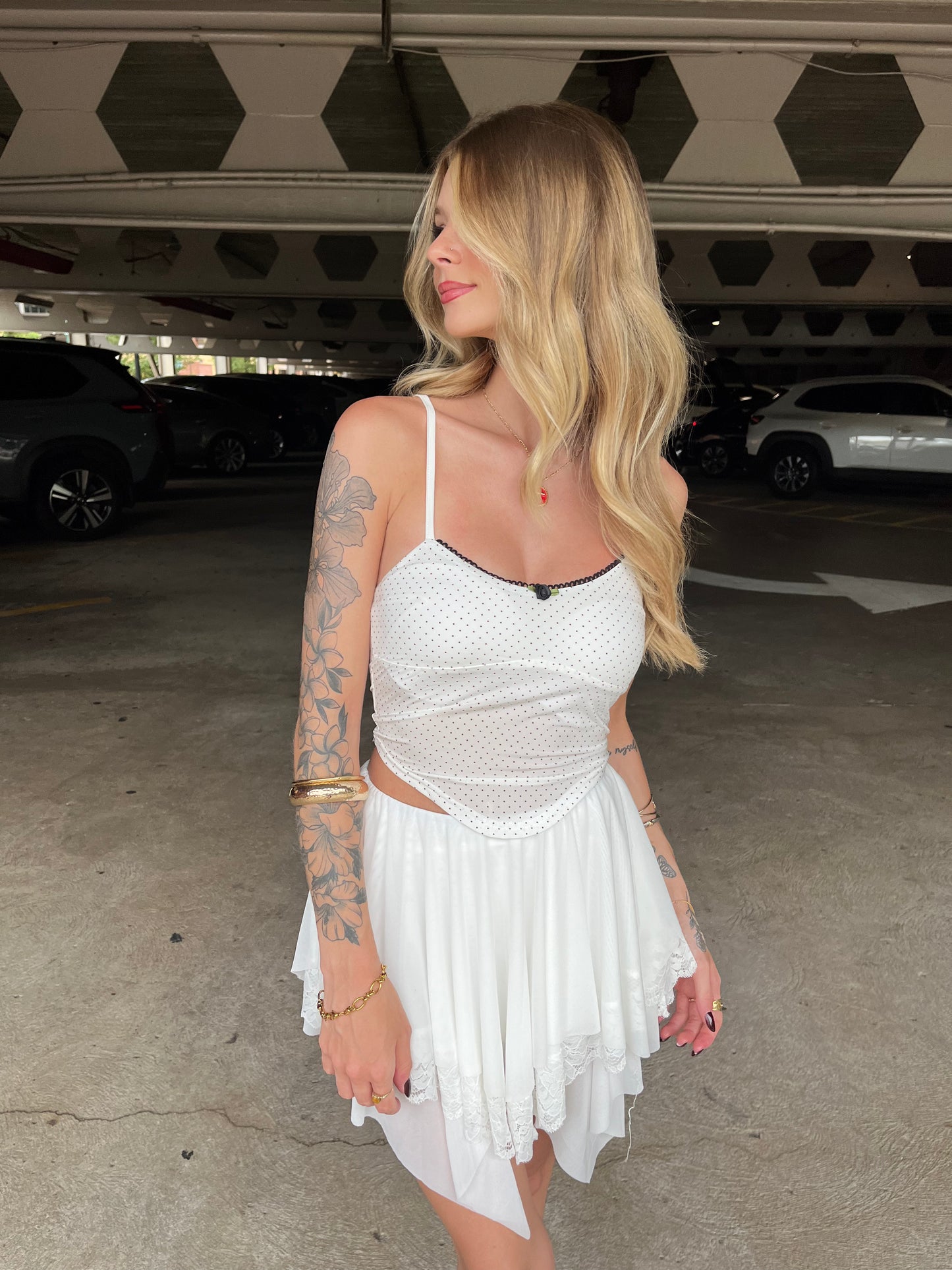 Faded Lace Trim Skirt in White