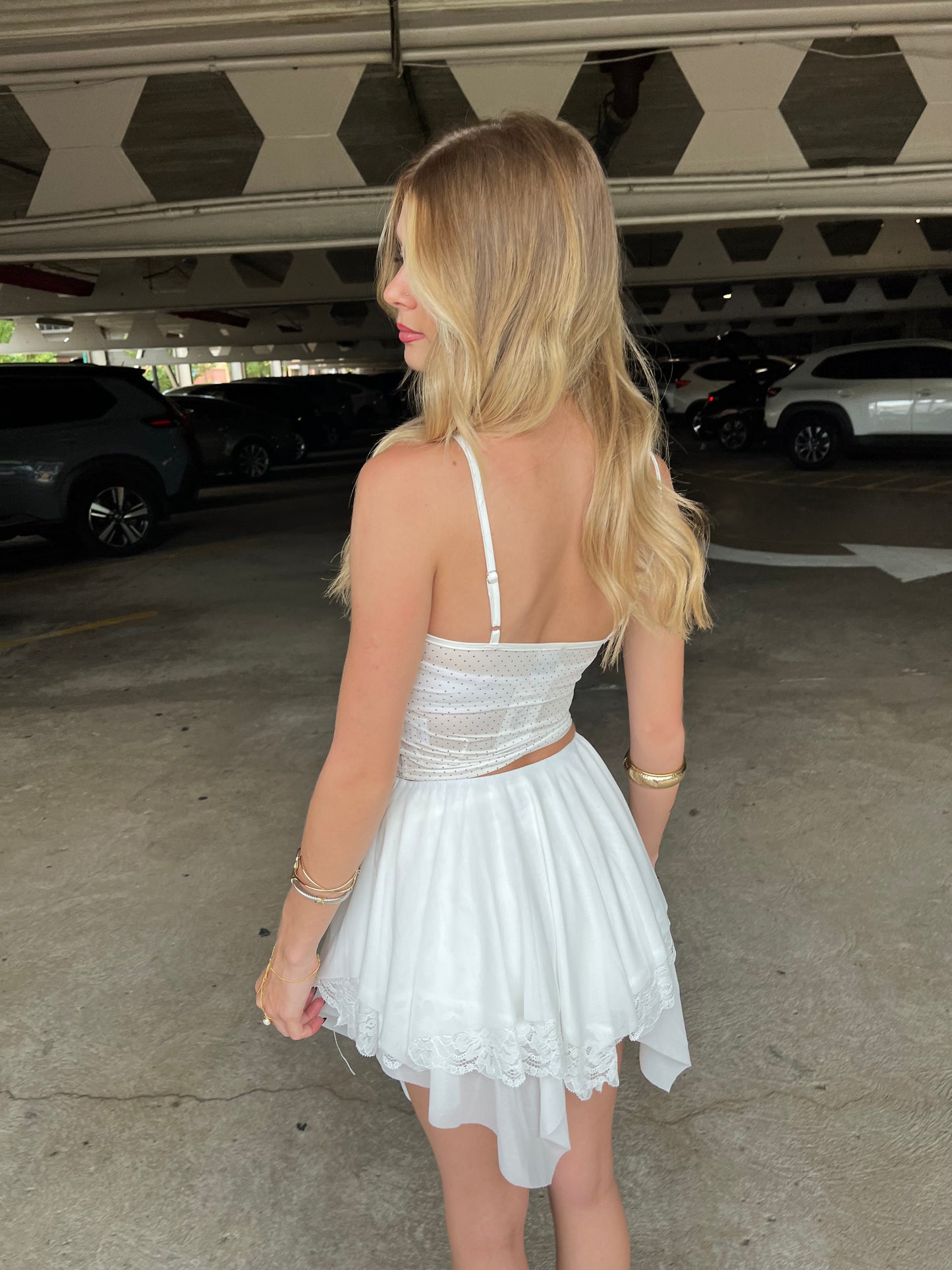 Faded Lace Trim Skirt in White