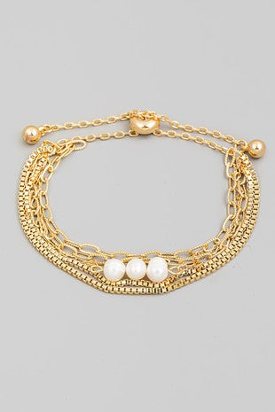 Triple Pearl Layered Chain Bracelet